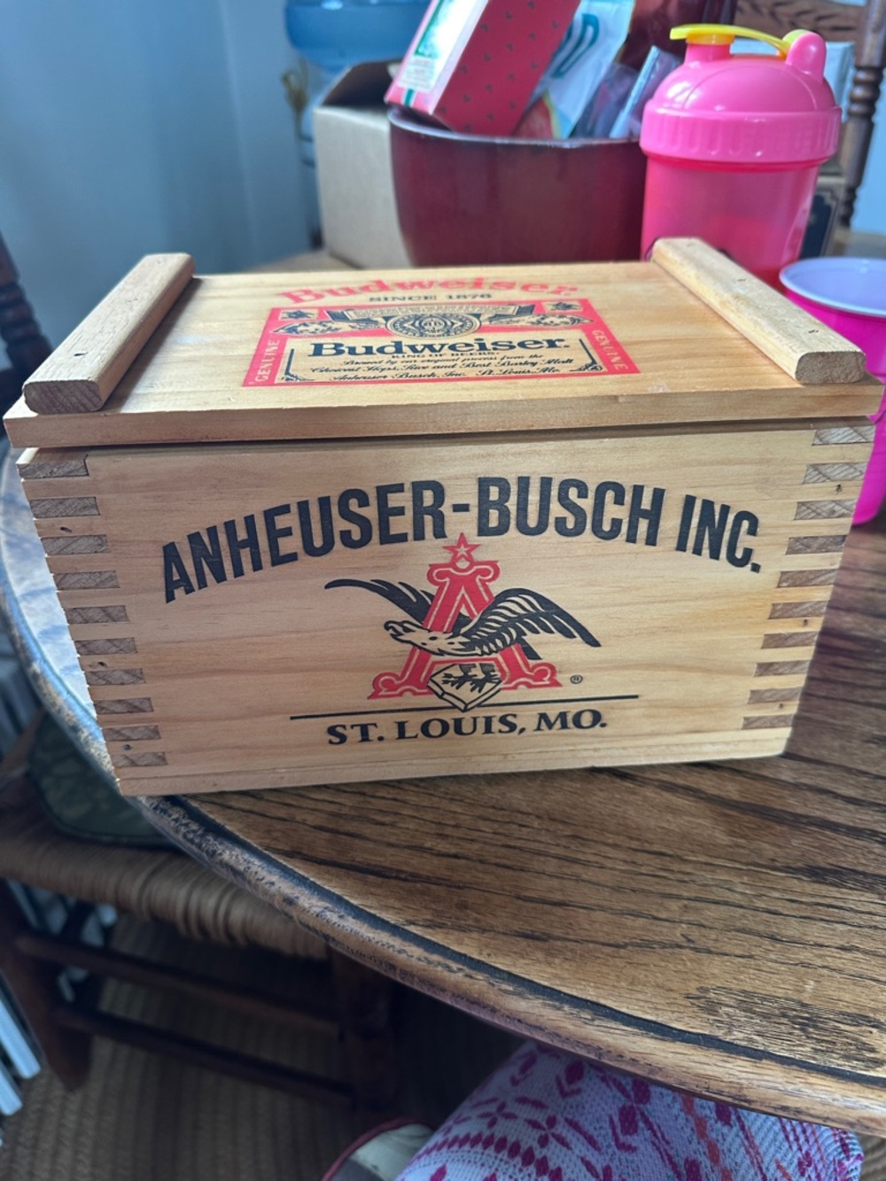Mini Anheuser-Busch Wooden Budweiser Crate Box in Natural Wood with Red Logo